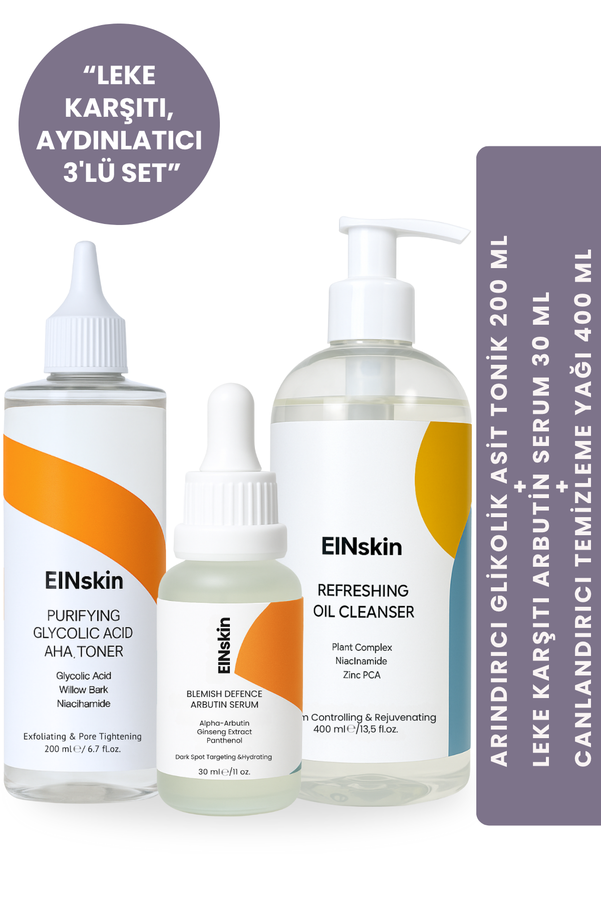 LEKE KARŞITI ARBUTİN SERUM 30 ML + ARINDIRICI AHA GLİKOLİK ASİT TONİK 200 ML + CANLANDIRICI TEMİZLEME YAĞI 400 ML - ÜÇLÜ SET